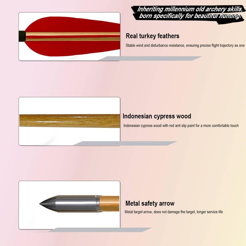 e5e10 33inch Wooden Arrows Handmade Tradition Target Arrows with Turkey Feather Fletching with Field Points for Recurve Bow Longbow Archery Practice 12PACK - Image 3